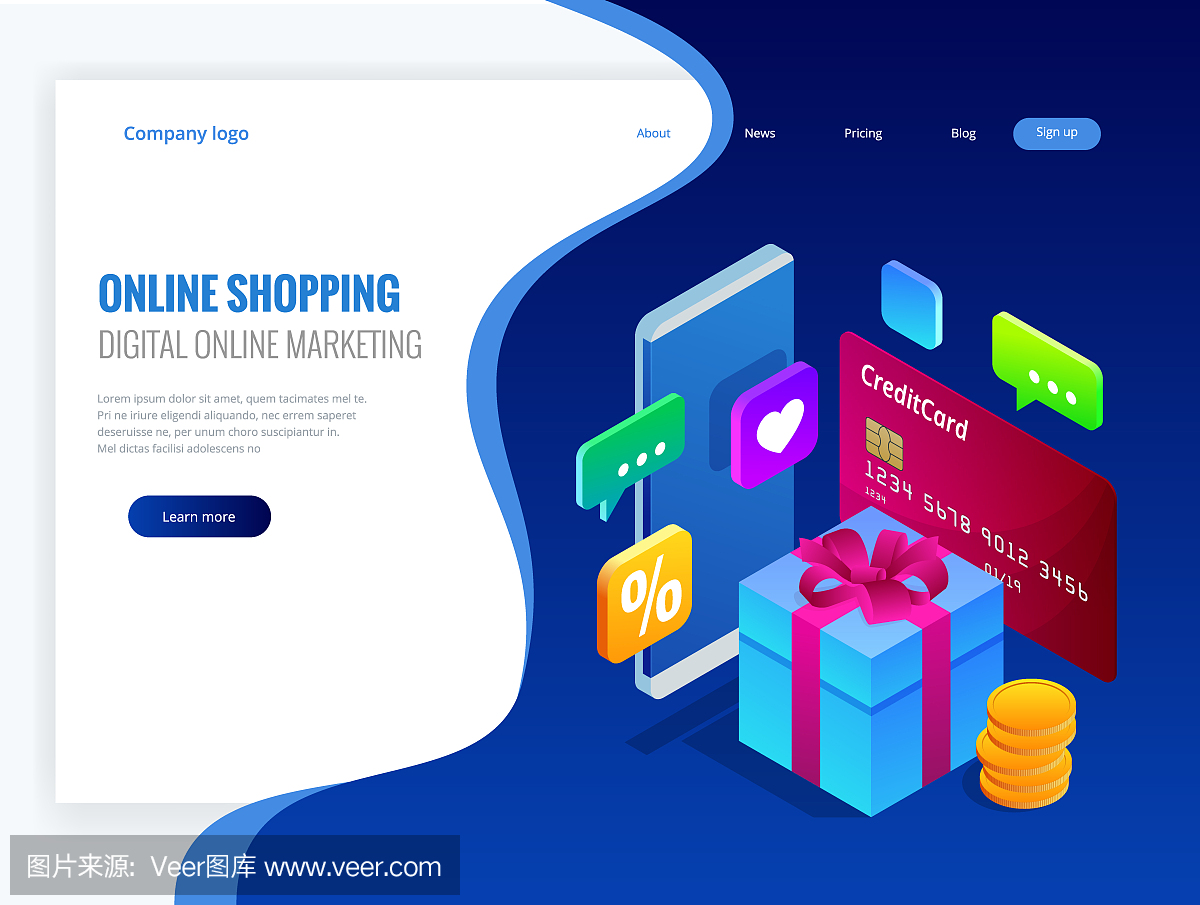 等距網上購物概念。數字網絡營銷商業銷售概念。最好的禮物。矢量圖